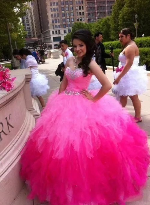Ball Gown Quinceanera Dresses Pink Red Fuchsia Sweet 15 Years Sleeveless Sweetheart Neck Beading Crystals Cheap Price Wonderful Hot Sale