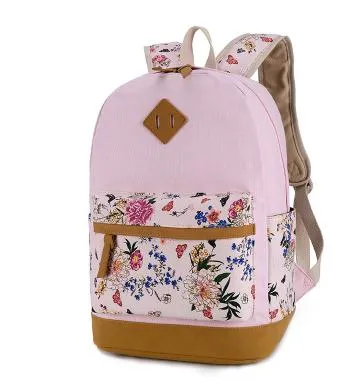 Marca de diseñador de la marca Genuine Floral Lona de lienzo de cuero mochilas para la escuela para adolescentes mochila para mujeres.