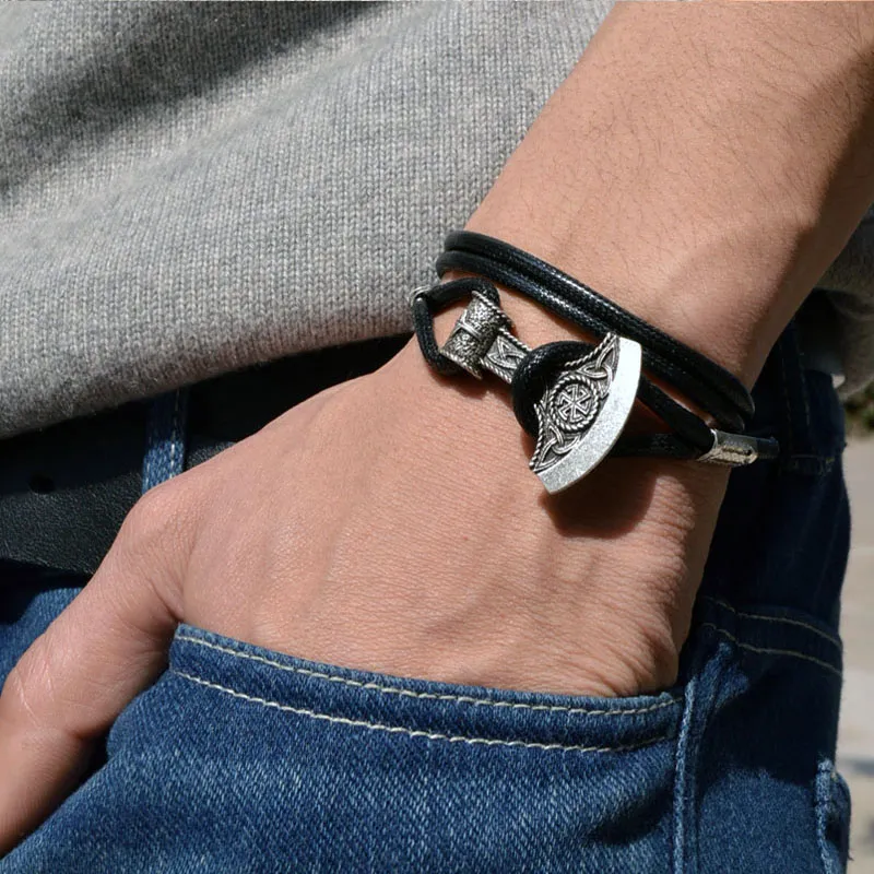 Groothandel - 1 stks Handgemaakte Viking Rune Armband Noorse Viking Celtics Hammer Armband Lederen Wrap Armband Amulet Talisman Sieraden BT07