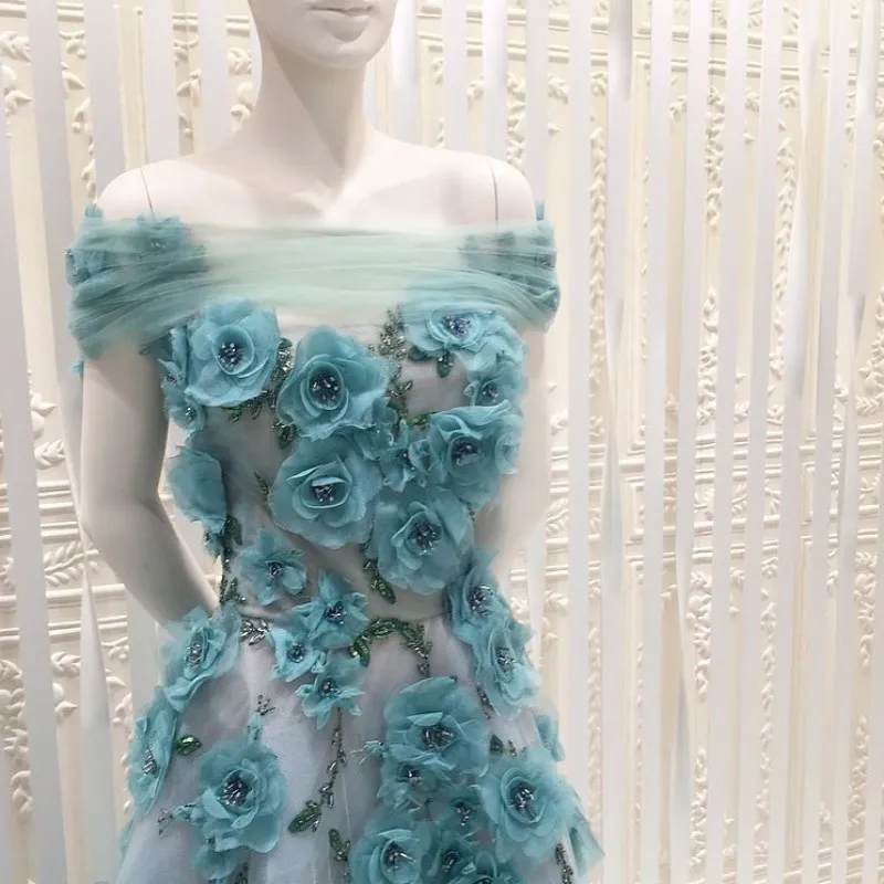 3D Floral Apliques Vestidos de Noite Talão Azul Sheer Cocktail Gowns Plus Size Fora Do Ombro Vestido de Baile