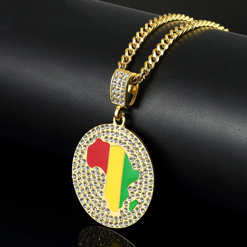 Trendig färgad afrikansk karta halsband kristall rhinestone rund hänge 18k guldpläterad kedja lång halsband fest smycken