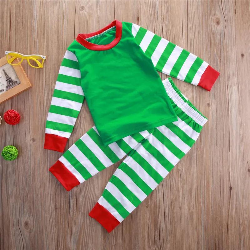 2018 Baby-Weihnachtspyjama, Kinder-Nachtwäsche, Oberteil + Hose, Baby-Junge, Mädchen, 2-teiliges Outfit, Baumwolle, einfarbig, gestreift, Weihnachts-Kinderkleidung