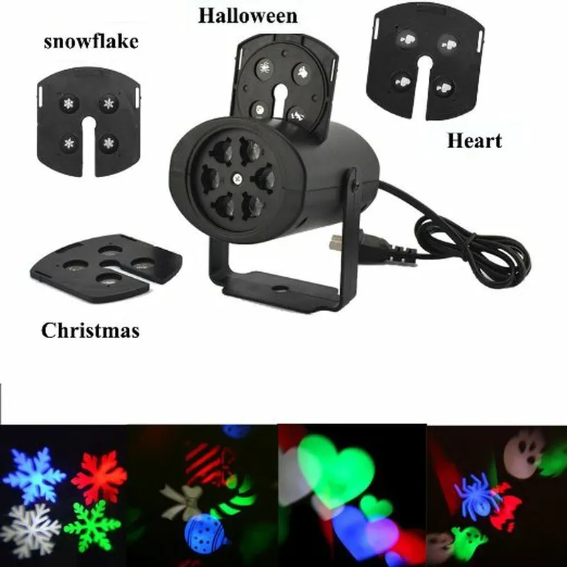 LED -effecten Xmas Wall Decoration Laser Lights 4 Pattens Card Lamp Projector Lichten Snowflake Love Candy Skull voor Halloween