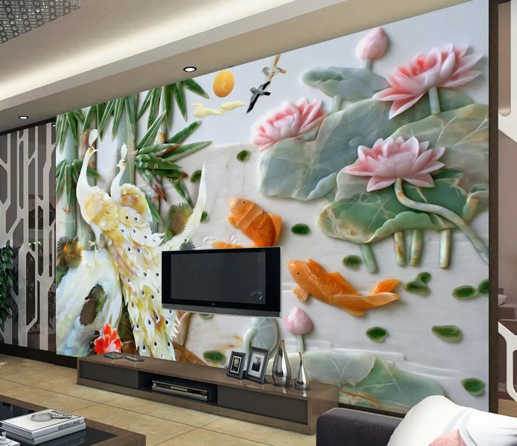 Muurschildering 3D Wallpaper 3D Muurdocumenten voor TV Achtergrond 3D Wallpaper Custom Mural Peacock Jade Gesneden Lotus Achtergrond Wanddecoratie Schilderij
