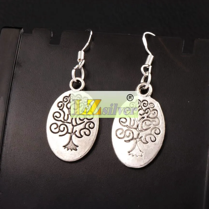 Boucles d'oreilles ovales arbre généalogique 925 crochet d'oreille de poisson en argent eslustre en argent Antique E203 41.5x14.9mm