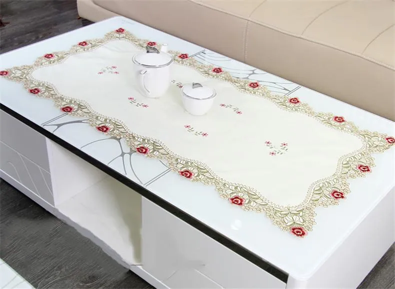 European Luxury Tablecloth with Lace Edge Polyester Square Table Cover Embroidery Flowers Wedding Home Party Table Decoration Preference