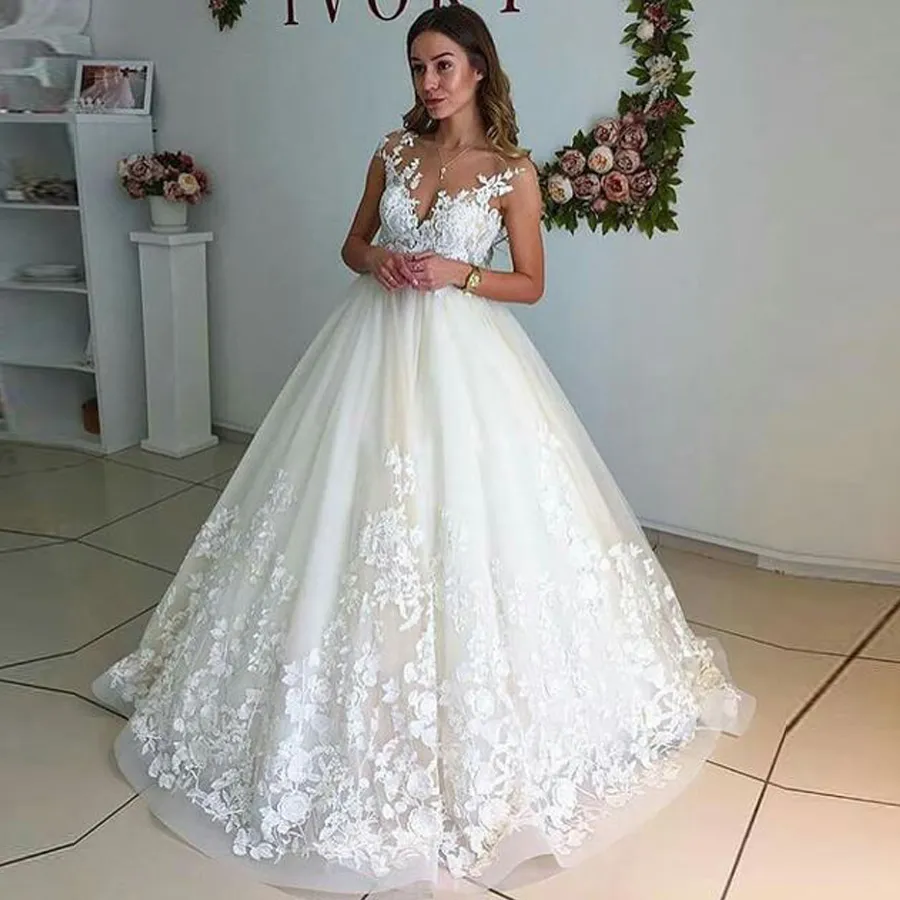 White/Ivory Lace Wedding Dresses Sleeveless Appliques Bridal Gowns Top Sheer Neckline Floor Length