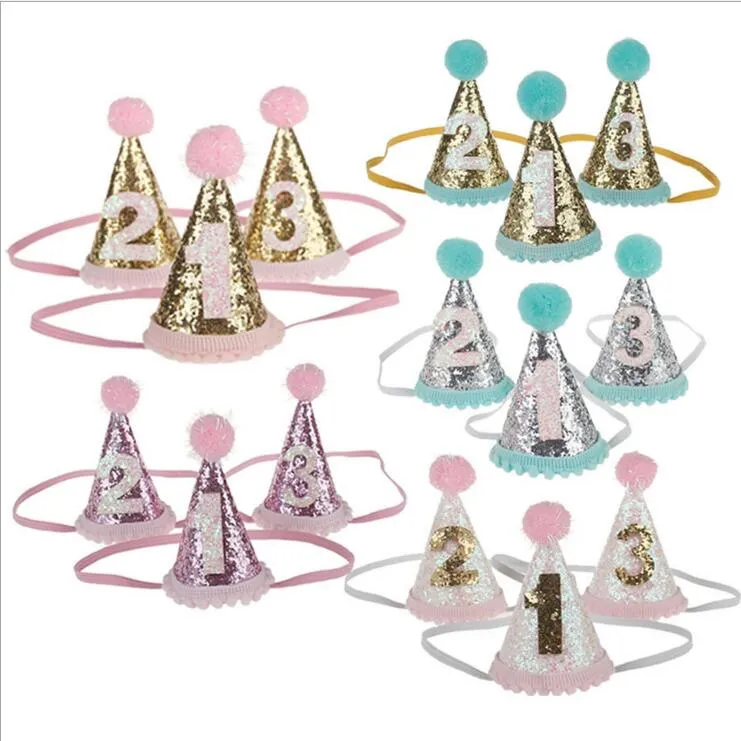 10 pz / lotto fasce per bambini a forma di cono corona Hairband Bambini glitter forniture per feste di compleanno principessa tiara cappello boutique accessori per capelli KHA486