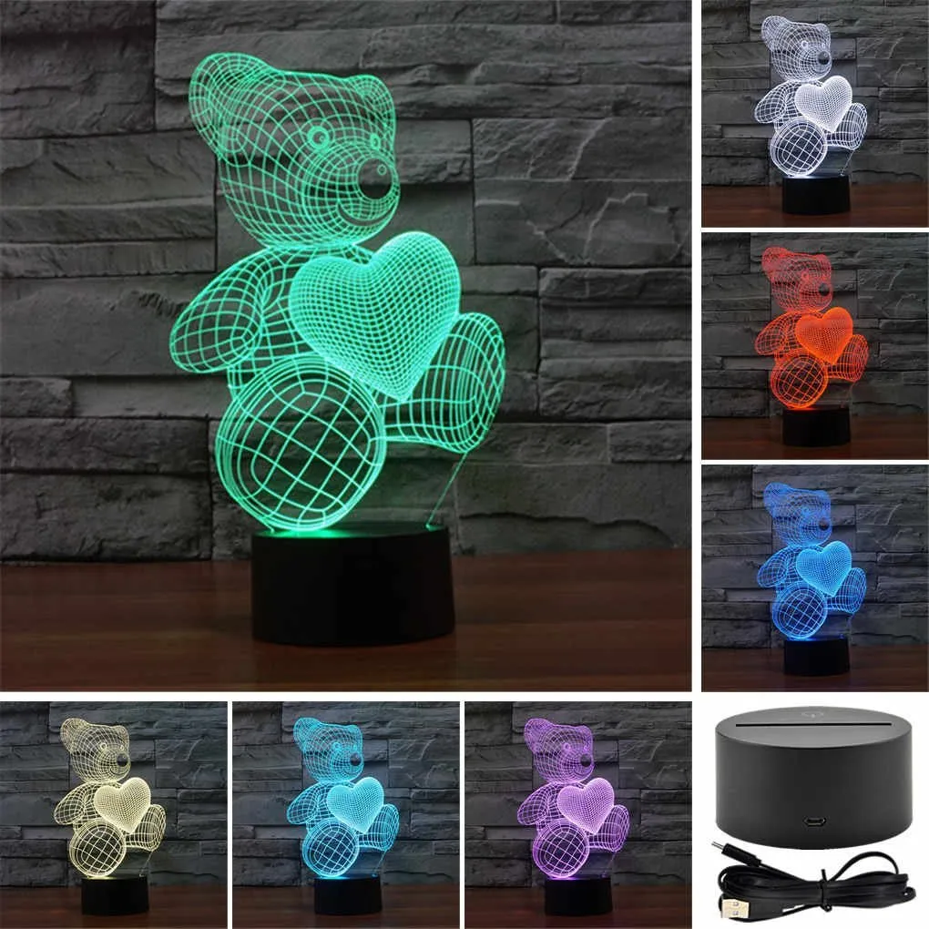 Nachtlichten Bear Love geliefde 3D Acryl Visual Touch Table Lamp kleurrijk kunst decor kind creatief USB LED -bureau nachtlicht