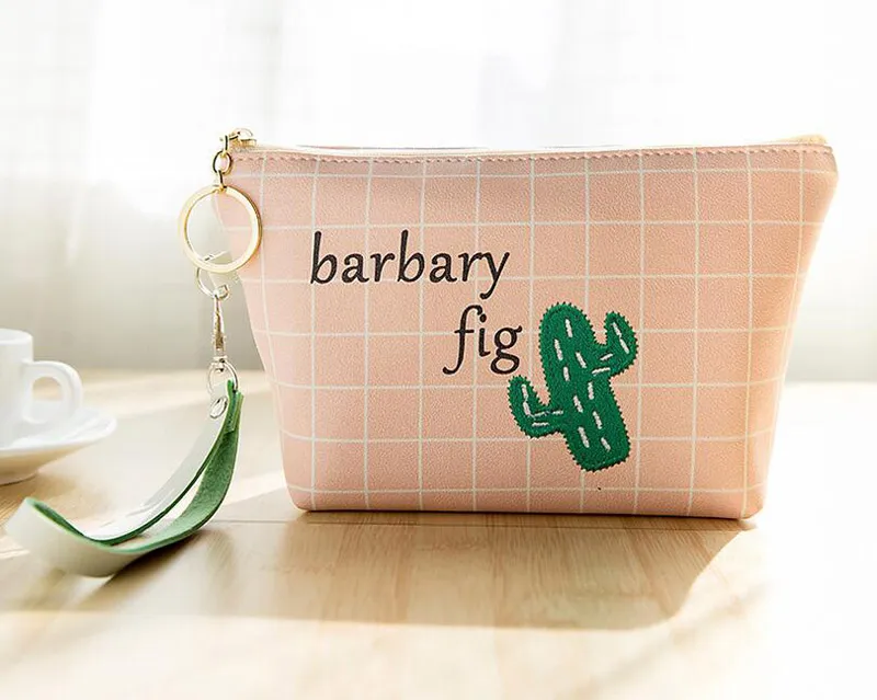 Cosmetic Bag Travel Makeup Case Zipper Plant Cactus PU Clutch Organizer Storage Pouches