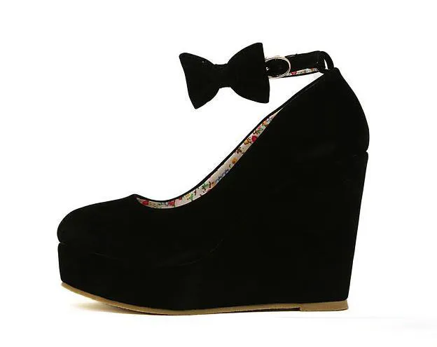 검은 bowtie plarform wedges womens 빨간 발목 스트랩 하이힐 결혼식 신발 2 색 35-39 사이즈