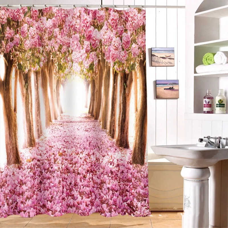 아름 다운 벚꽃 샤워 커튼 맞춤형 방수 3D 샤워 커튼 폴리 에스터 디지털 인쇄 욕실 커튼 180cm * 180cm