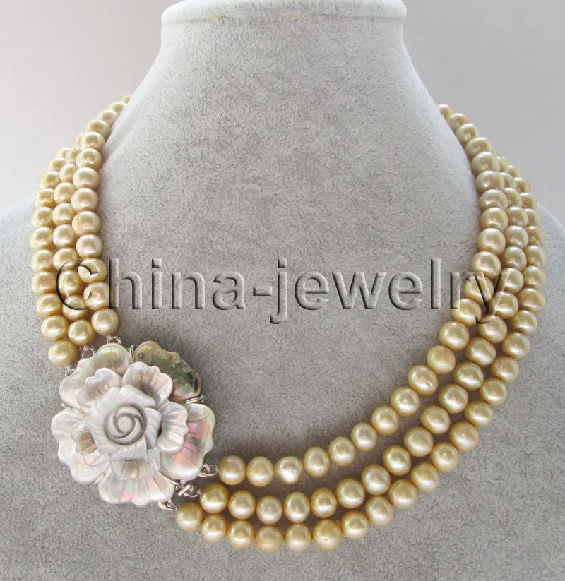 3row 17-19" 8-9mm champagne round freshwater pearl necklace - shell clasp