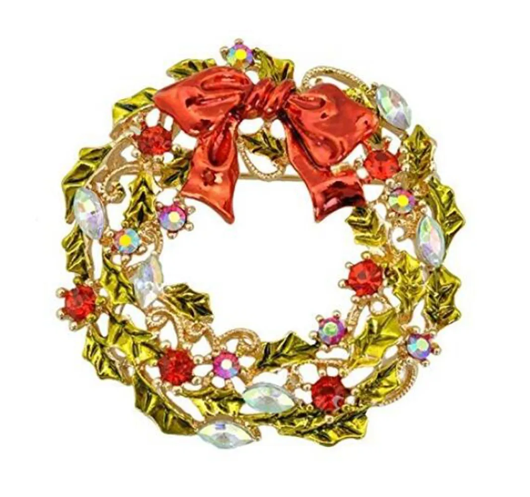 1.8 Inch Silver/Gold Plated Wreath and Christmas Brooch with Crystals and Red Bow Gift Pins