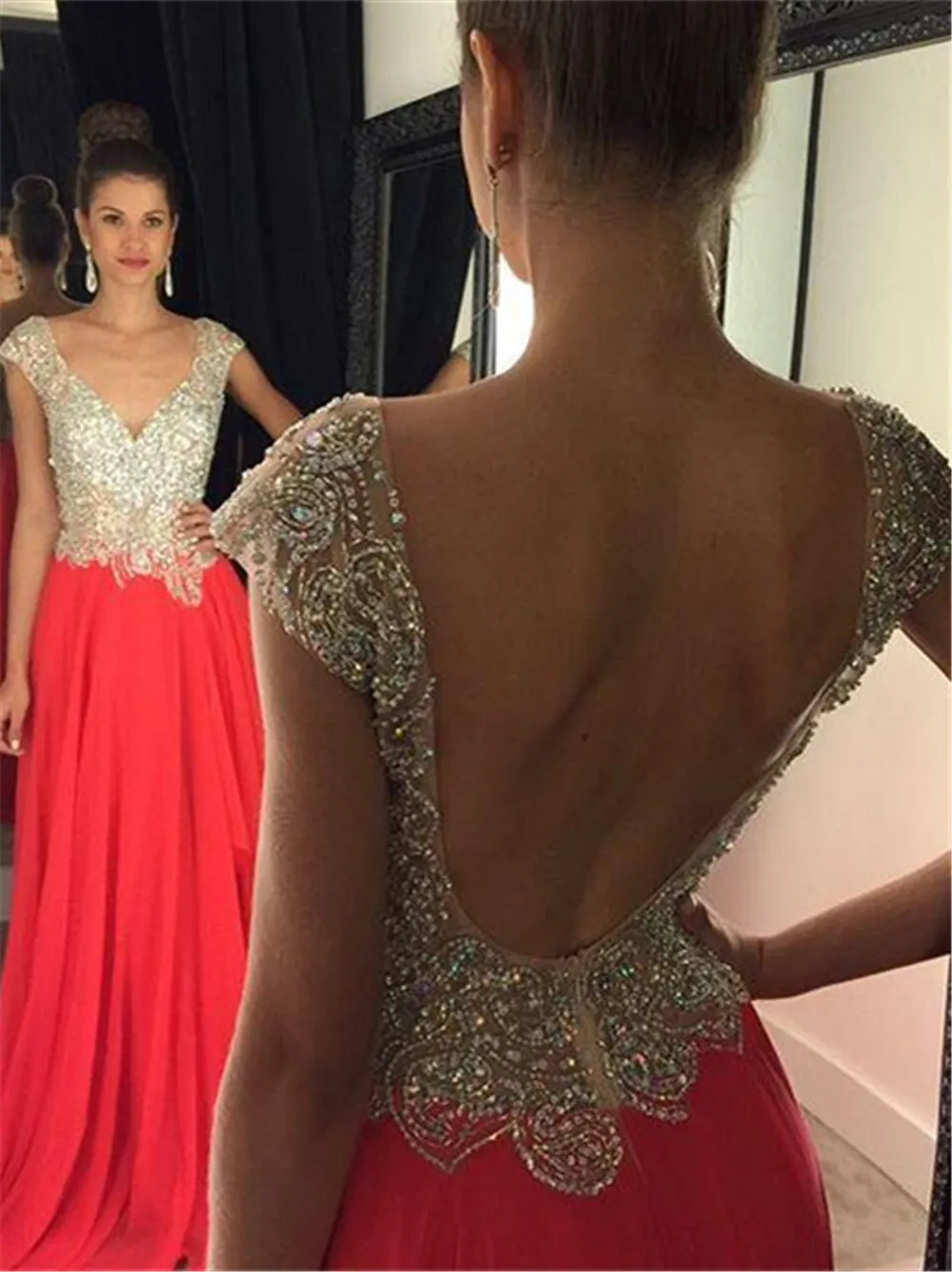 Gorgeous Crystal Open Back Evening Dress Cap Sleeve Long Chiffon Prom Gown V-neck Red vestidos de fiesta cortos