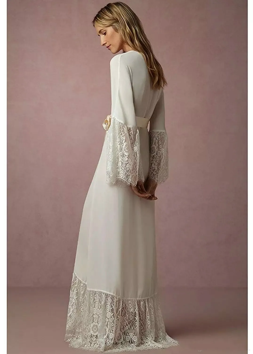Hot Selling Ivory Long Sleeve Floor Length Bathrobe with Lace, Soft Chiffon, and Satin for Bridesmaids - Sizes M-xl