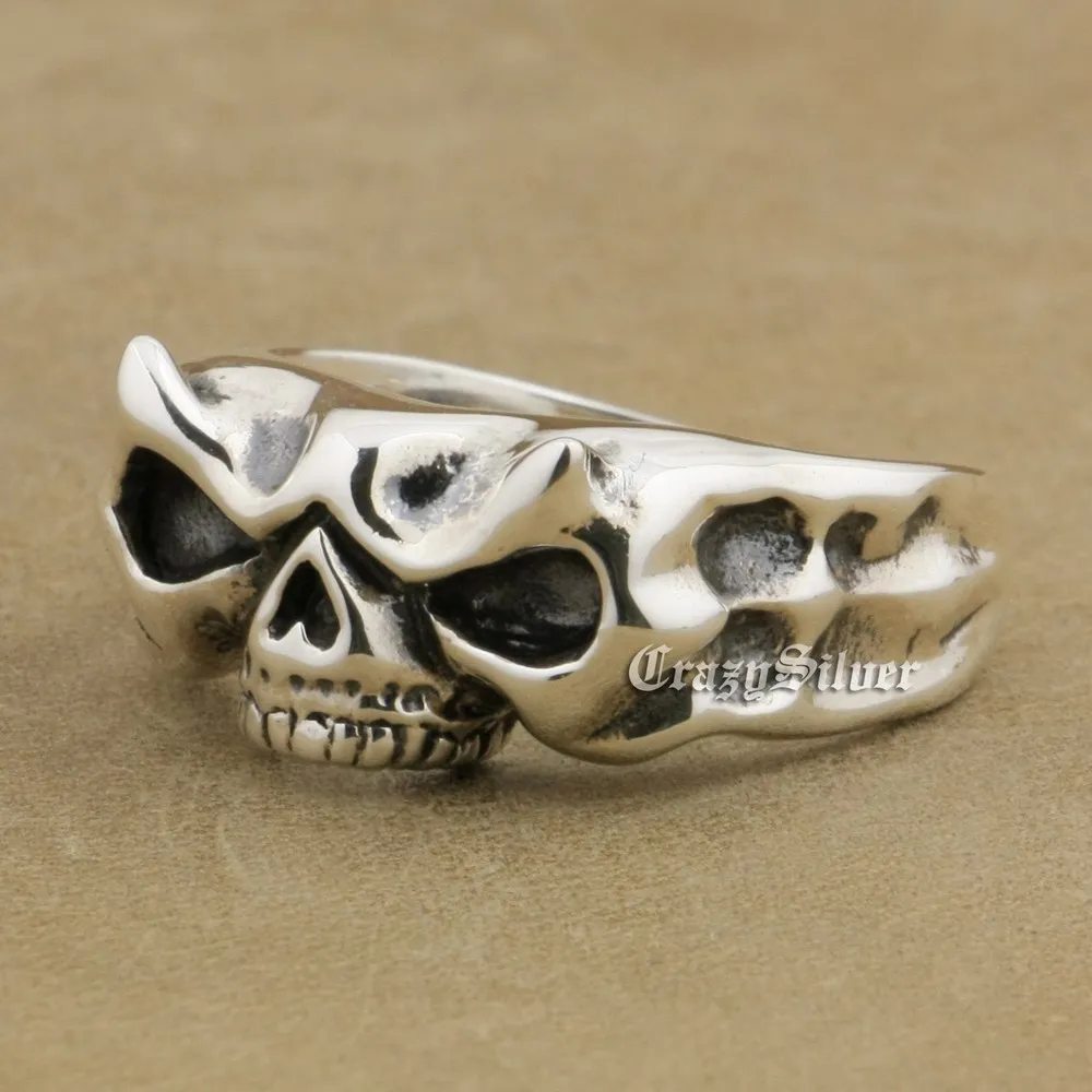 Brand LINSION 925 Sterling Silver Skull Ring Mens Biker Punk Ring TA14 US Size 7~14