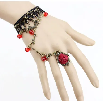 Vintage Fleur Vigne Cristal Dentelle Bracelets Lolita bijoux avec Rose Anneaux femmes élégant Nouveau cadeau de Noël multicolore 