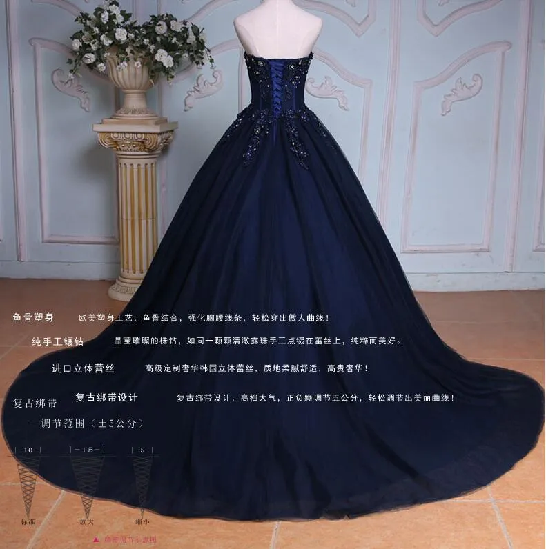 Vestido de Baile Azul Marinho Vestidos de Noiva Longos Coloridos Sweetheart Frisado Renda Apliques Espartilho Vestidos de Noiva N o Brancos N o