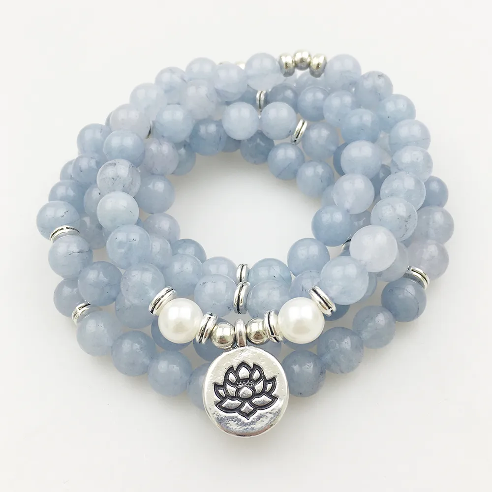 SN1205 Design Women`s 8 mm Blue Stone 108 Mala Beads Bracelet or Necklace Lotus Charm Yoga Bracelet