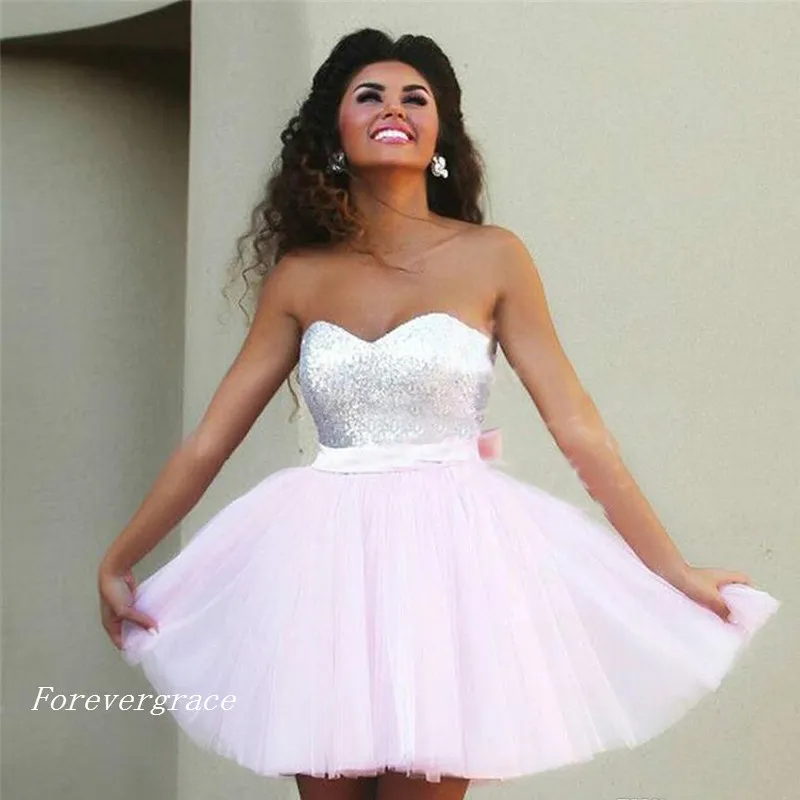 Sequined A-Line strapless short prom Dress with Bow - Sleeveless Sweet 15 Graduation Cocktail Party Dress in Plus Size