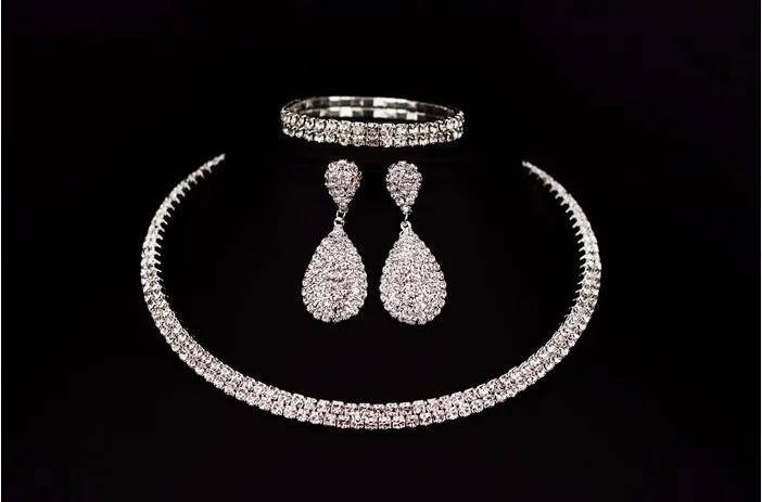 Hot Selling Bride Classic Rhinestone Crystal Choker Necklace Earrings And Bracelet Wedding Jewelry Sets Wedding Accessories Bridal Jewelry