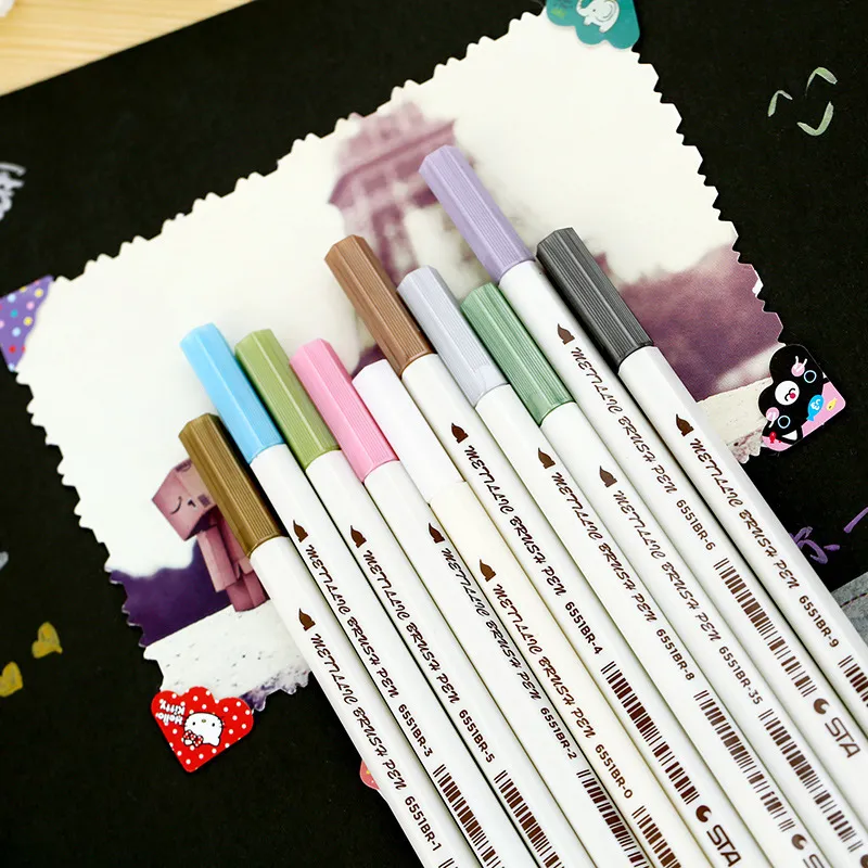 학교 용품 소프트 브러시 펜 sta 10colors box 12 mm 금속 마커 펜 diy scrapbooking 공예 art markers for stationery