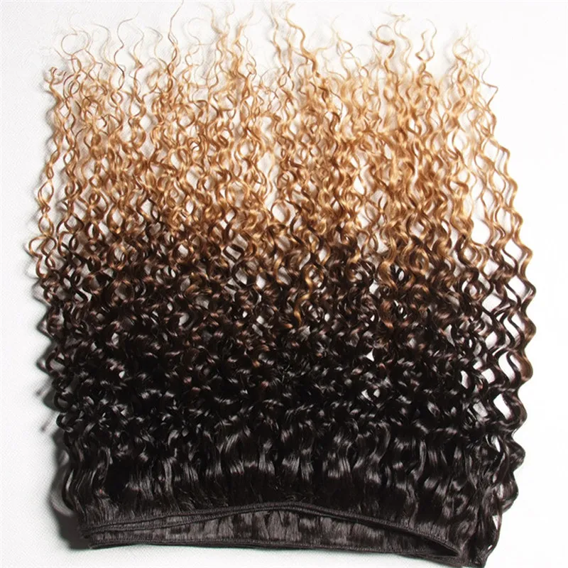 Peruansk ombre mänskligt hår 3bundles kinky curly 1b / 4/27 mörk rot brun honung blondin tre ton ombre jungfru mänskligt hår vävar förlängningar
