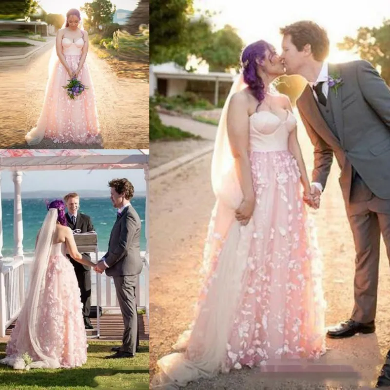 Rodna rosa bröllopsklänningar 2018 sommar älskling tulle flora appliques strand brudklänningar en linje bröllop vestidos skräddarsydda