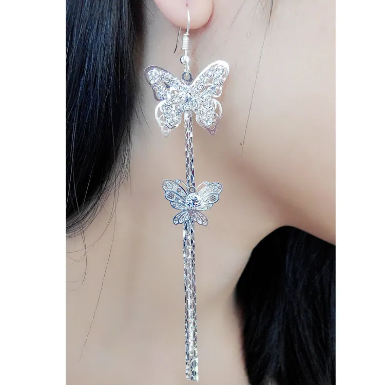 Super Low Selling! Dubbelskikt Butterfly Long Tassels Rhinestone Girl / Madam Full av Diamond Butterfly Tassels Örhängen 