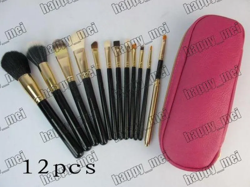 Factory Direct DHL New Makeup Brushes Brush With Leather Pouch!Pink/Black/Nude Gold