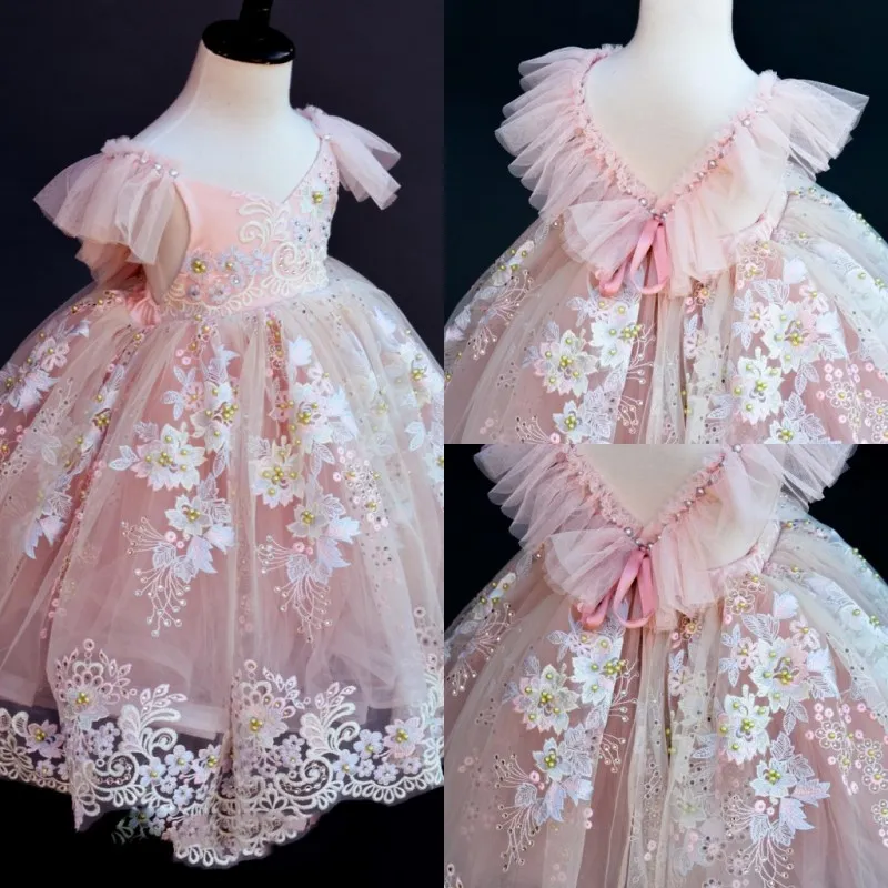 Allık Pembe Çiçek Kız Elbise Düğün İçin Dantel Aplikler Abiye Boncuk Tül Balo Kız Pageant Elbise Yüksek Kalite