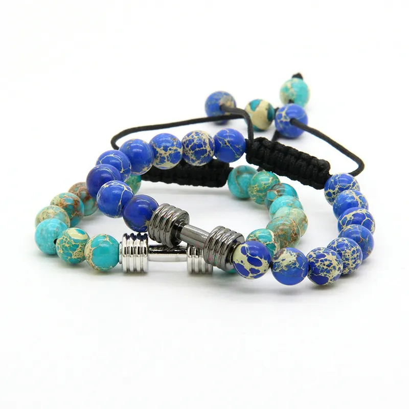 Bracelets de boule d'énergie sportive en gros 8mm bleu de sédiment de sédiments perles de pierre avec métal Nouveau Barbell Fitness Hallbbell Bracelets