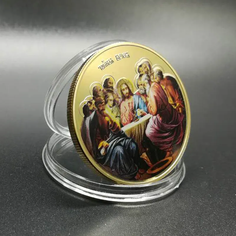 100 stks niet magnetisch 2018 Jezus Het laatste avondmaal Diner Bijbel Thema 24K Real Vergulde 40 mm in diameter Souvenir Coin badge munten