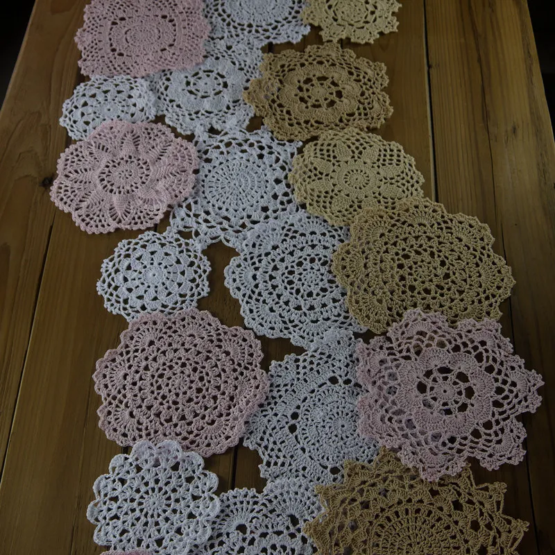 Set med 24 st Crocheted Doilies, Bordservett 6 Beige 12 Vit 6 Rosa, Heart Square Round Coaster, doily för virka hemtextil