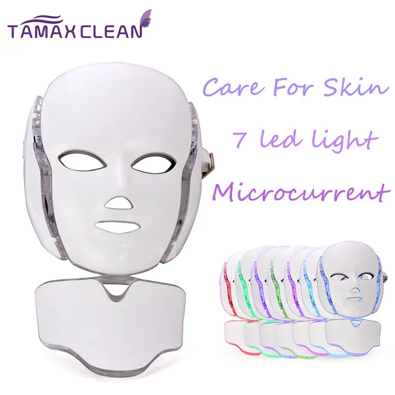 LM001 MOQ 1 PC 7 LED Luzes Foton Terapia Beleza PDT Máquina Rejuvenescimento LED Facial Neck Máscara com microcorrente para branqueamento da pele