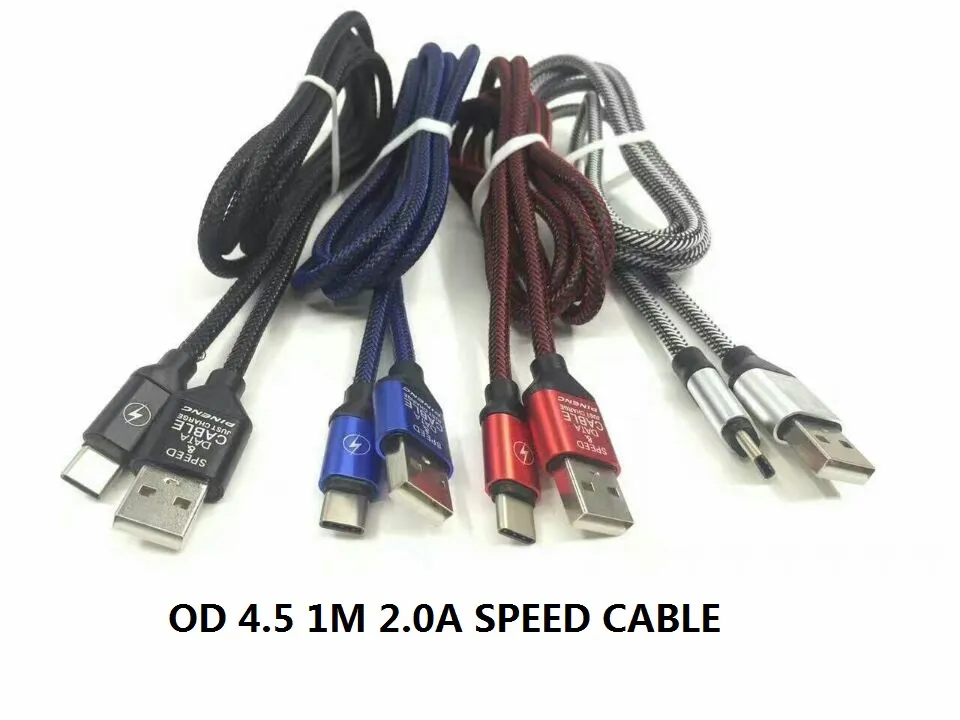 1m 3ft 2.0a Speedladd Od4.5 Metal Adatper Fish Bone Micro USB-kabel Nylon flätad ledning Tråd för telefon / parti