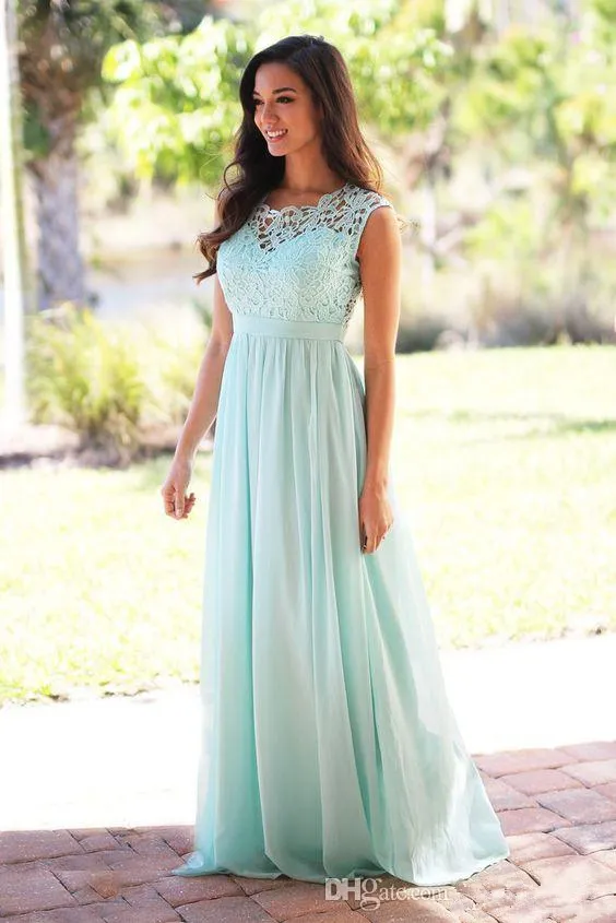 Mint Green Pink Long Bridesmaid Dresses A Line Country Turquoise Bridesmaid Dress Simple Evening Party Gowns Lace Chiffon Prom Dresses