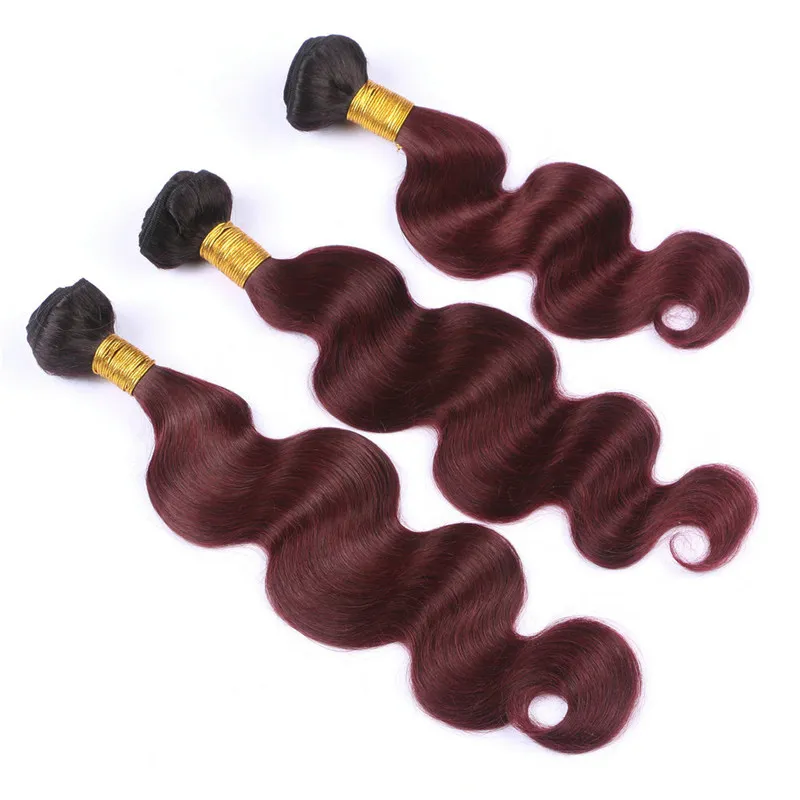 Kroppsvåg Burgundy Ombre Lace Frontal Closure 13x4 med buntar 1b / 99J Vinröd Ombre Virgin Hair Extensions med öra till öra Frontal