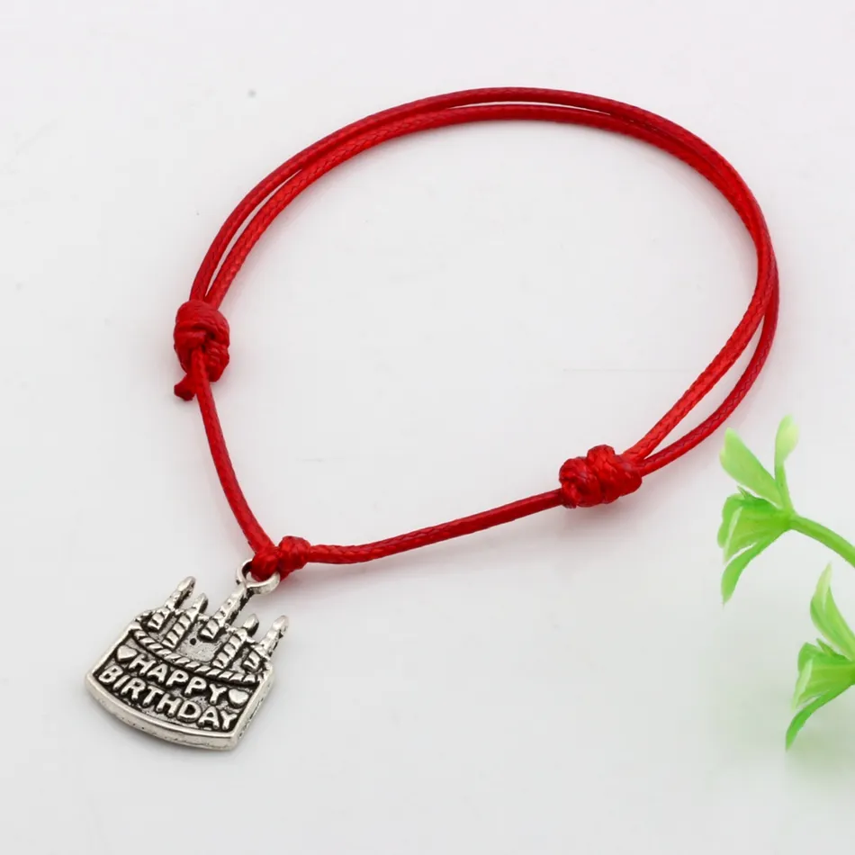 MIC Red Waxes rope Antique silver happy birthday charm Adjustable Bracelet B-51