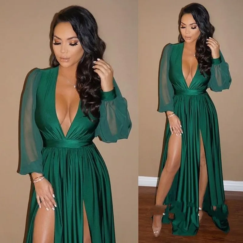 Hunter Long Sleeves Prom Dresses Plunging Neckline Front Split Evening Dress Chiffon Pleats A Line Sexy Cocktail Party Gowns
