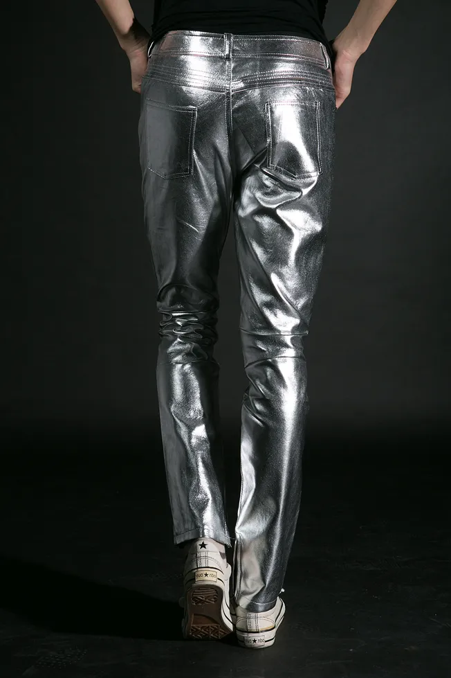 가수 가죽 바지 의상 골드 실버 Ds 성능 패션 재즈 댄스 착용 금속 슬림 PU 바지 섹시한 바지 나이트 클럽 바