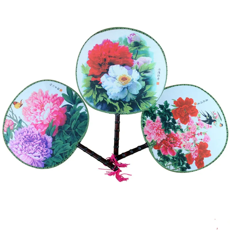 Peony Flower Round Silk Hand Fan Handles Traditional Craft Chinese Fan