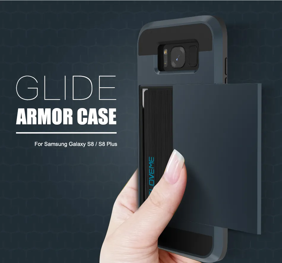 2 i 1 Armour Case för Samsung Galaxy S8 S8 Plus Glide Back Cover Inner Card Slot för Samsung Galaxy S8 Telefon Cover Coque