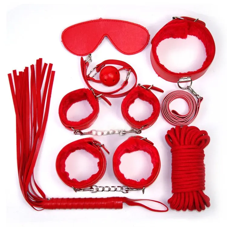 Läder Bondage Restraint Fetish Whip Rep Ögonbindel Handledsmanschetter Krage Mouth Gag Bondages kit 7 stvuxenprodukter sexleksaker