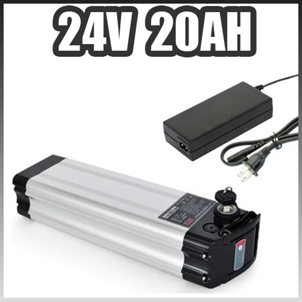 Puissant boîtier de poisson argenté 24v 20ah batterie e-bike batterie au lithium 24 volts avec chargeur 24v 500w batterie de vélo électrique