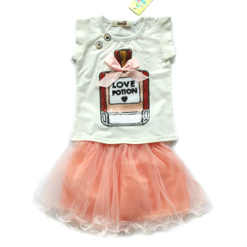 Tjejer kläder sätter boutique barn kläder sommar baby parfymflaska print sequin tröjor kort ärm + ruffle tutu kjolar barnkläder