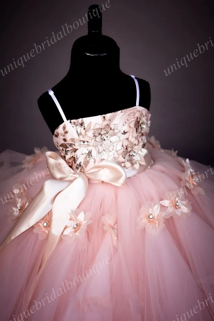 Graduation Dresses Kids Sequins Princess Flower Girl's Dresses with 3D Florals and Ruffles Skirt Real Photos Blush Girls Birthday Gowns