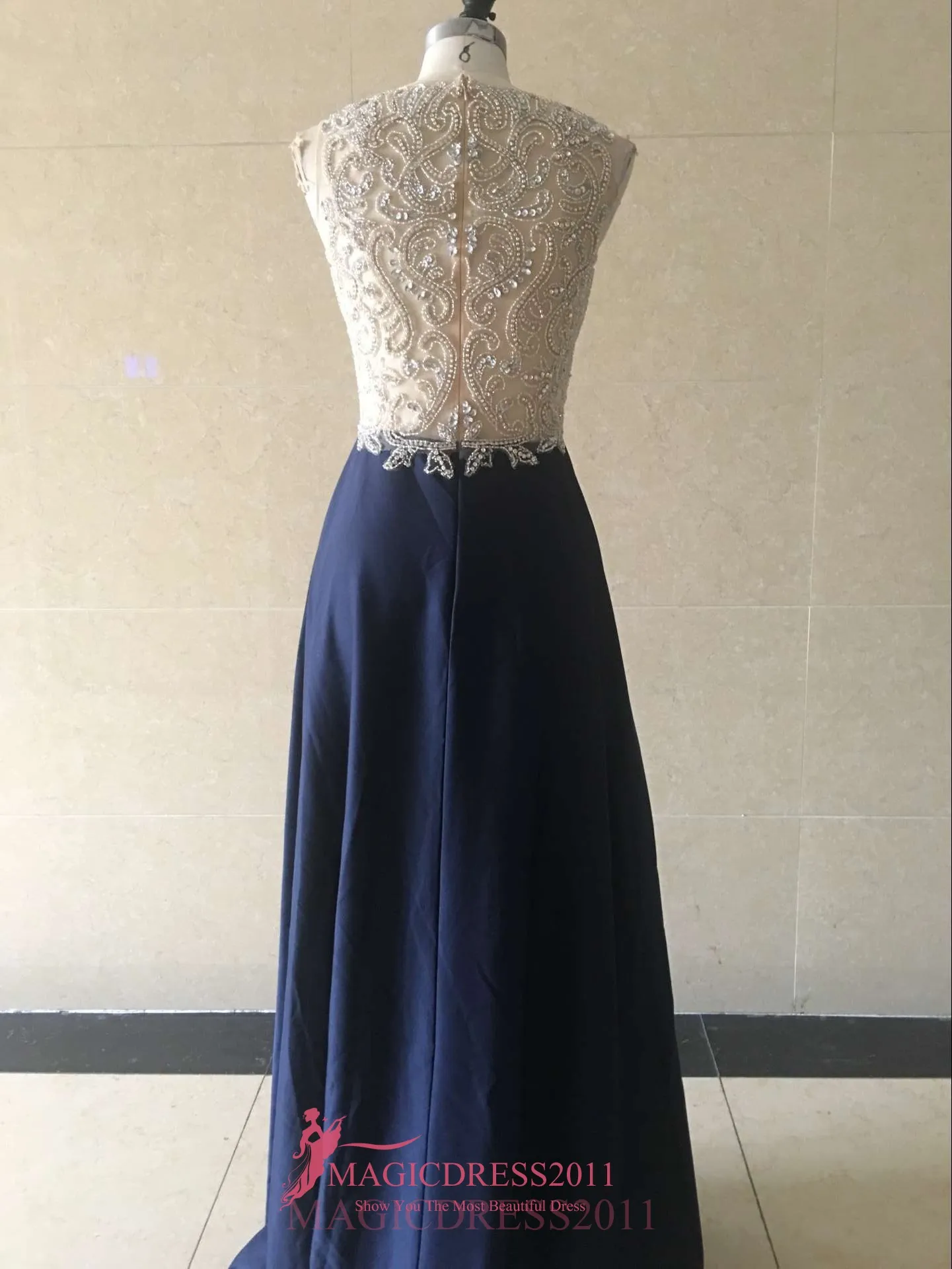 Real Photos 2019 Gold and Blue Bridesmaid Dresses Navy Blue Sheer Neck Major Beaded Floor Length Wedding Guest Party Prom Evening Gowns