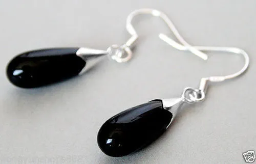 Nieuwe paar Black Agate Jade Onyx 925 Sterling Zilveren Haak Teardrop Dangle Oorbellen